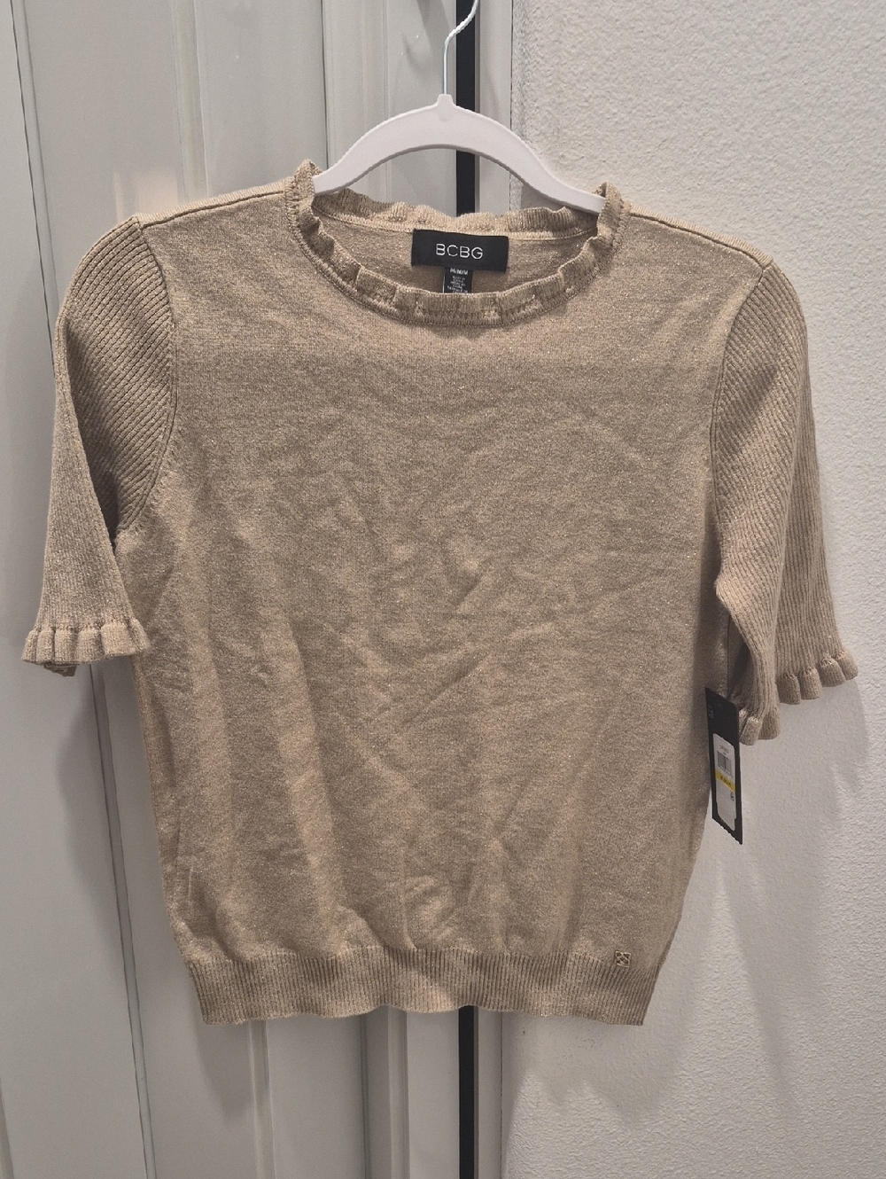 BCBG Neutral Gold Ruffle-Trim Short Sleeve Knit Top - Picture 4 of 7
